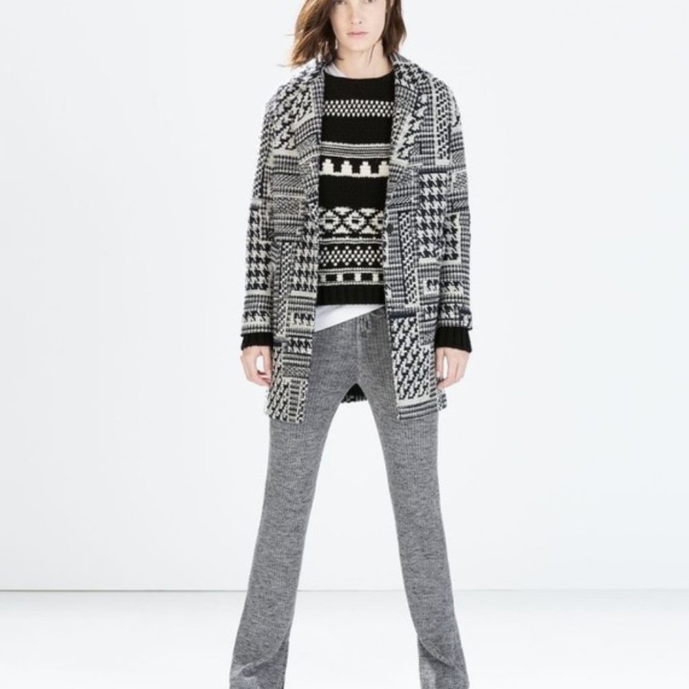Zara Houndstooth Navy Wool Blend Coat